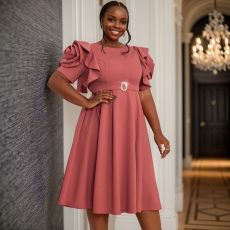 SC Plus Size Ruffles Sleeve Solid Color Midi Dress GKEN-040736