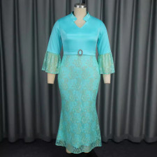 SC Plus Size Print Flare Sleeve Lace Patchwork Fishtail Dress GKEN-040701