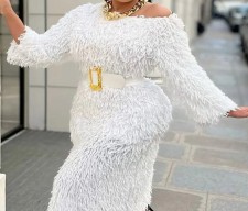 SC Plus Size Furry Tassel Belt Long Sleeve Midi Dress GXYY-8278