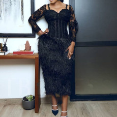 SC Plus Size Lace Tassel Long Sleeve Maxi Dress GXYY-8159