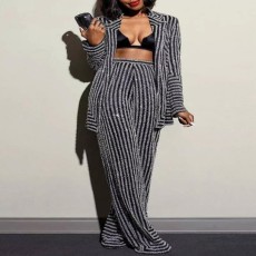 SC Plus Size Stripe Long Sleeve Knits Two Piece Pants Set GXYY-8078