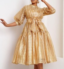 SC Plus Size 3/4 Sleeve Tie Up Midi Dress GXYY-8299