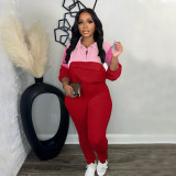 SC Color Block Zipper Sweatshirt Tight Pants Suit SFY-539