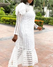 SC Plus Size Striped Bubble Sleeve Midi Dress GXYY-7008