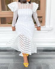 SC Plus Size Striped Bubble Sleeve Midi Dress GXYY-7008