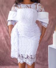 SC Plus Size Lace Short Sleeve Slim Midi Dress GXYY-8222