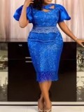 SC Plus Size Backless Lace Sequin Midi Dress GXYY-8198