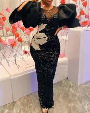 SC Plus Size Bubble Sleeve Sequin Embroidery Maxi Dress GXYY-8029