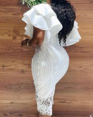 SC Plus Size Flare Sleeve Split Solid Midi Dress GXYY-7005
