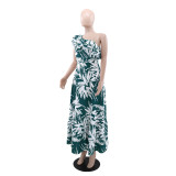 SC Slash Shoulder Ruffles Print Long Dress GYLY-10568