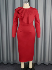 SC Plus Size Solid Color Ruffles Midi Dress GKEN-040826
