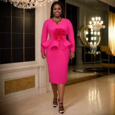SC Plus Size Ruffles V Neck Midi Dress GKEN-040839