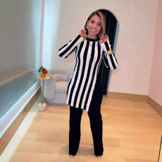 SC Plus Size Fashion Stripe Long Sleeve Casual Pants Suit NY-10929
