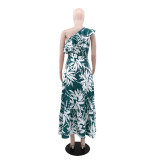 SC Slash Shoulder Ruffles Print Long Dress GYLY-10568