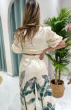 SC Print V Neck Tops Wide Leg Pants Suit NY-10927