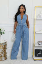 SC Fashion Sleeveless Loose Denim Straight Jumpsuit LX-6990
