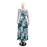 SC Slash Shoulder Ruffles Print Long Dress GYLY-10568