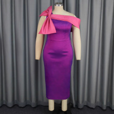 SC Plus Size Slant Neck Bow High Waisted Midi Dress GKEN-040738