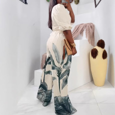SC Print V Neck Tops Wide Leg Pants Suit NY-10927