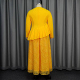 SC Plus Size Long Sleeve Lace Patchwork Ruffle Midi Dress GKEN-040813