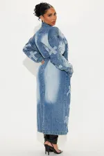 SC Fashion Denim Cross Embroidery Long Trench Coat LX-6033