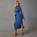 SC Solid Color V Neck Knits Midi Dress OSM-4465