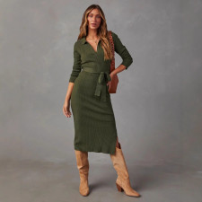 SC Solid Color V Neck Knits Midi Dress OSM-4465
