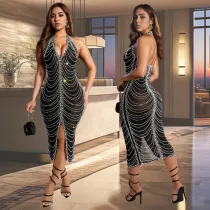 SC Hot Drill Hang Neck Backless Midi Dress GFYX-7095