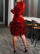 SC Plus Size Lantern Long Sleeve Skinny Feather Midi Dress LS-0412