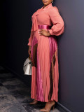 SC Plus Size Tie Up Press Pleated Color Block Maxi Dress GATE-547