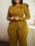SC Plus Size Solid Color Bow Tie Long Sleeve Pants Suit GATE-546