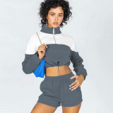 SC Color Block Drawstring Sweatshirt Shorts Casual Two Piece Set YMZY-0022