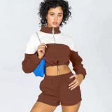SC Color Block Drawstring Sweatshirt Shorts Casual Two Piece Set YMZY-0022