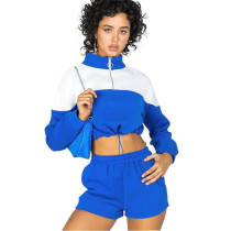 SC Color Block Drawstring Sweatshirt Shorts Casual Two Piece Set YMZY-0022