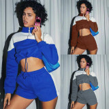 SC Color Block Drawstring Sweatshirt Shorts Casual Two Piece Set YMZY-0022