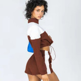 SC Color Block Drawstring Sweatshirt Shorts Casual Two Piece Set YMZY-0022