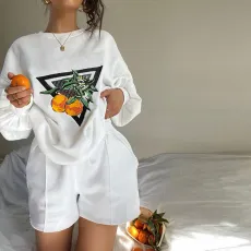 SC Loose Casual Print Long Sleeve 2 Piece Short Set YMZY-9091