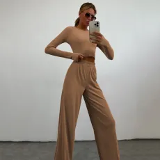 SC Long Sleeve Solid Color Wide Leg Pants Suit YMZY-0030