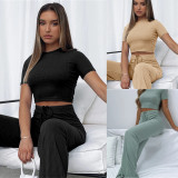 SC Solid Color Short Sleeve Wide Leg Pant Suit YMZY-0391