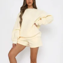 SC Solid Color Loose O Neck Shorts 2 Piece Set YMZY-8025
