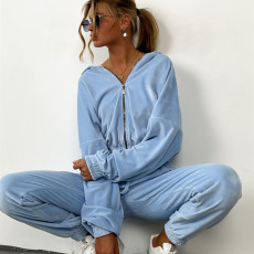 SC Long Sleeve Solid Color Zipper Hooded Pants Suit YMZY-1070