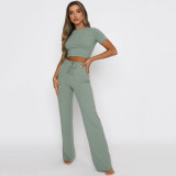SC Solid Color Short Sleeve Wide Leg Pant Suit YMZY-0391