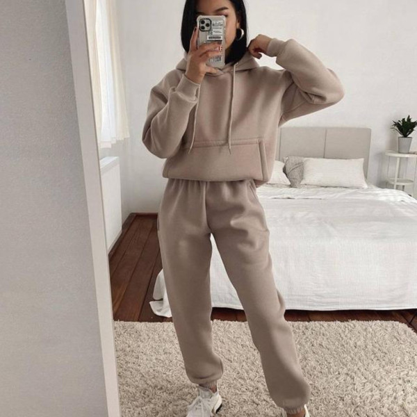 SC Casual Hooded Long Sleeve Sweatshirt Solid Color Sports Set YMZY-6502