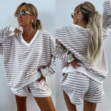 SC Stripe Color Block V Neck Loose Sport Short Suit YMZY-816