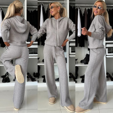SC Solid Hooded Sweatshirt Drawstring Wide Leg Pants Suit YMZY-912
