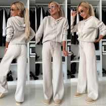 SC Solid Hooded Sweatshirt Drawstring Wide Leg Pants Suit YMZY-912