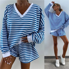 SC Stripe Color Block V Neck Loose Sport Short Suit YMZY-816