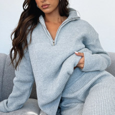 SC Long Sleeve Solid Color Sweater Two Piece Pants Suit YMZY-18076