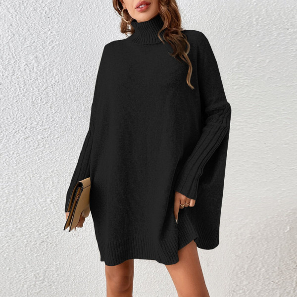 SC High Neck Long Sleeve Loose Sweater Mini Dress GDAM-7180