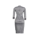 SC Black White Print 3/4 Sleeve Split Midi Dress SFY-2370
